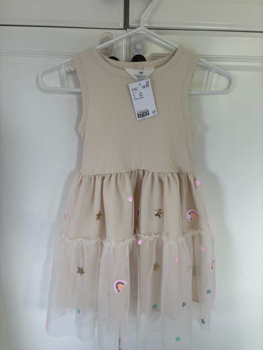 H&M Cream Tulle Dress with Rainbow & Star Embroidery